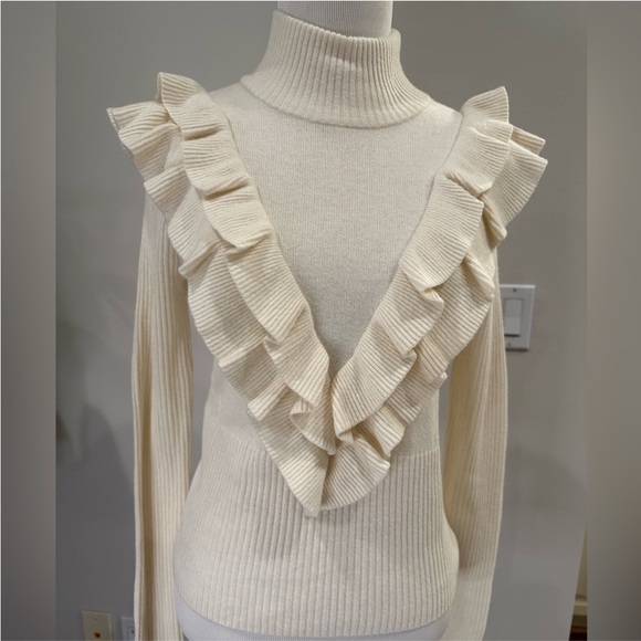 Cinq a Sept 5a7 Palomino Pullover Sweater Ribbed Ruffle Mock Neck Ivory Sz S - Picture 5 of 5